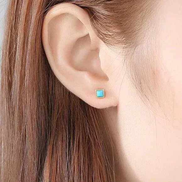 3mm Sterling Silver Square Opal Stud Earrings - Picture 3 of 6